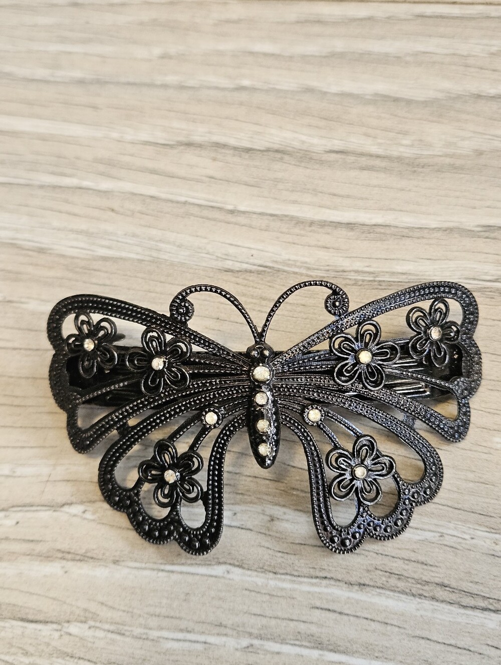 Vintage Dark Gunmetal Rhinestone Butterfly Barrette Hair Clip French Clip Floral